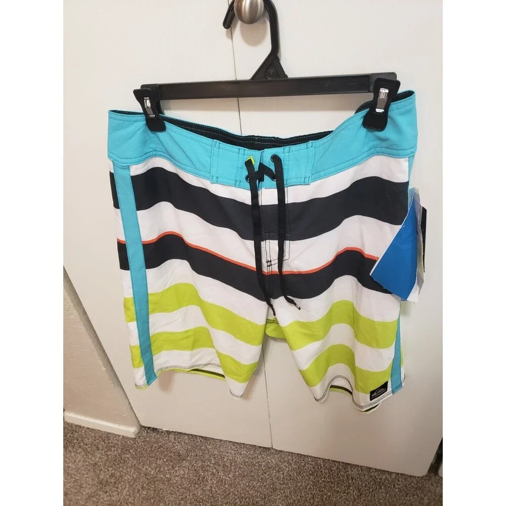Rare sample item Quicksilver Men's 32 Board Shorts Bk, Yellow, Aqua stripes NEW